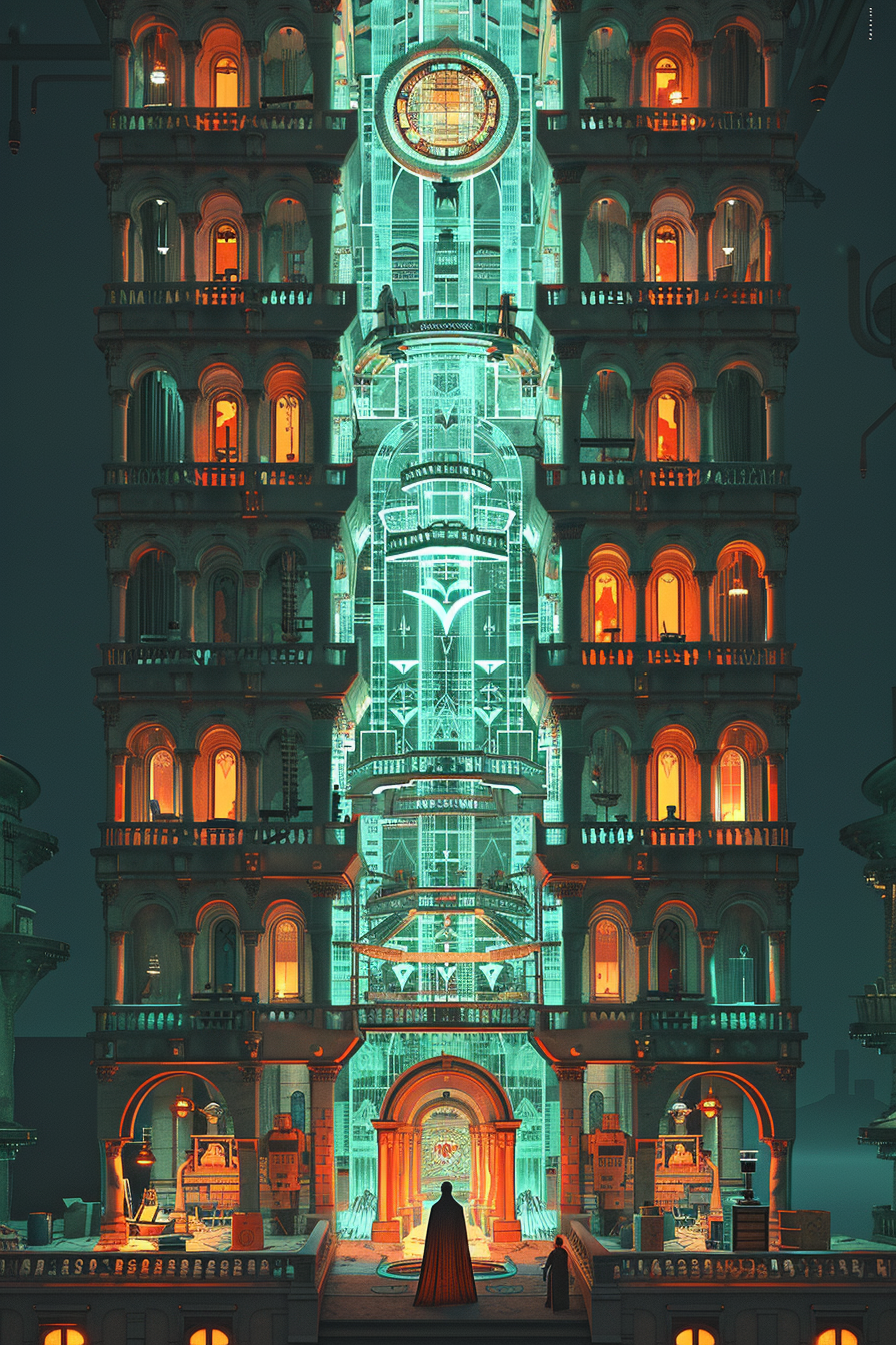 The Engineering Team — many specialist workshops stacked floor by floor in a vertical tower, with a glowing cathedral rising in the central column and the founder overseeing from below