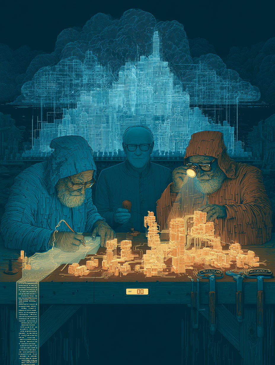 The Infrastructure Team — two AI craftsmen building modular cloud infrastructure under the human architect's review