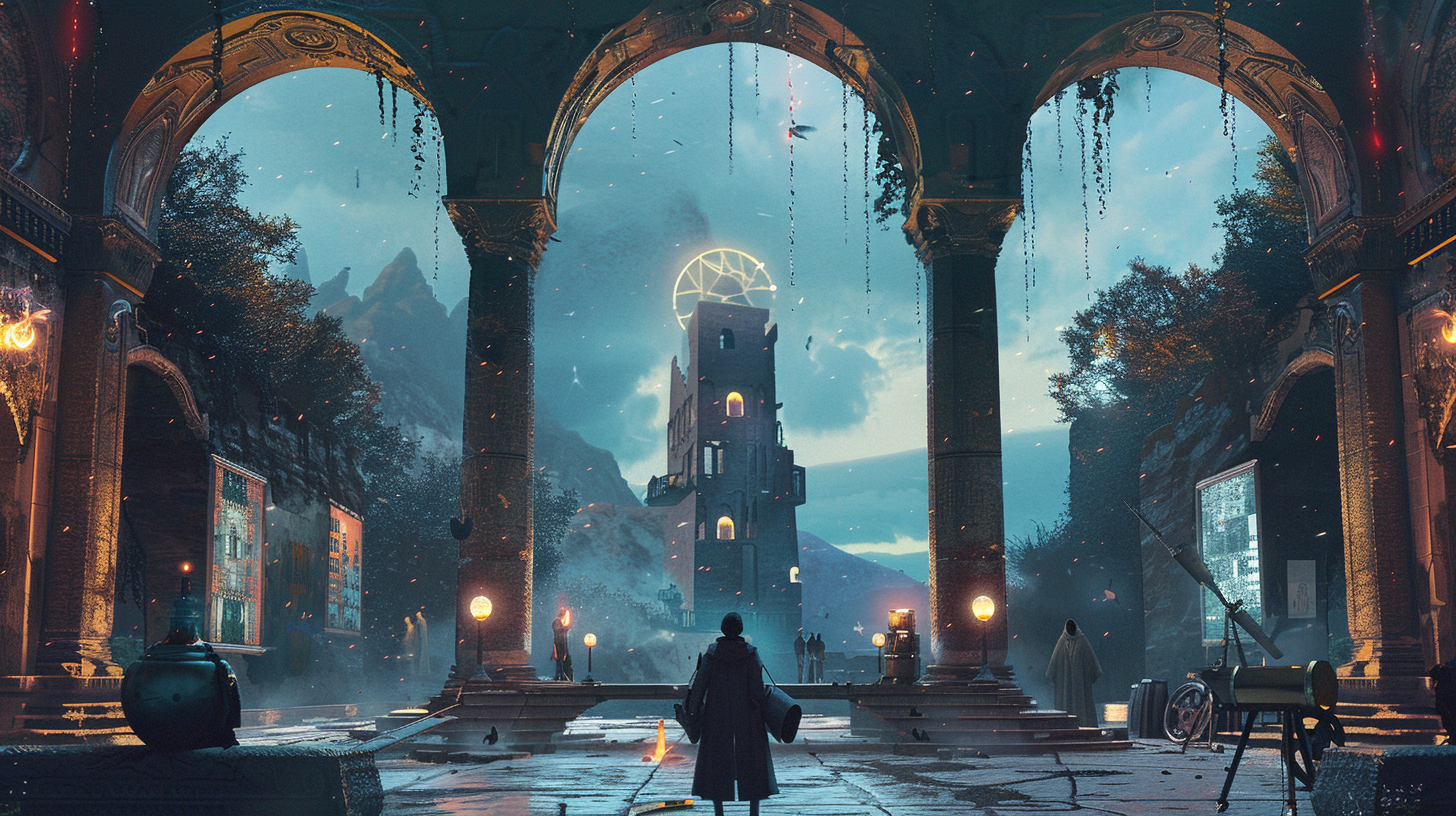 A solo founder standing in a Renaissance courtyard at dusk, three illuminated arches around them framing scenes from the Infrastructure, Engineering, and Operations teams, with a tall vertical tower visible through the center arch