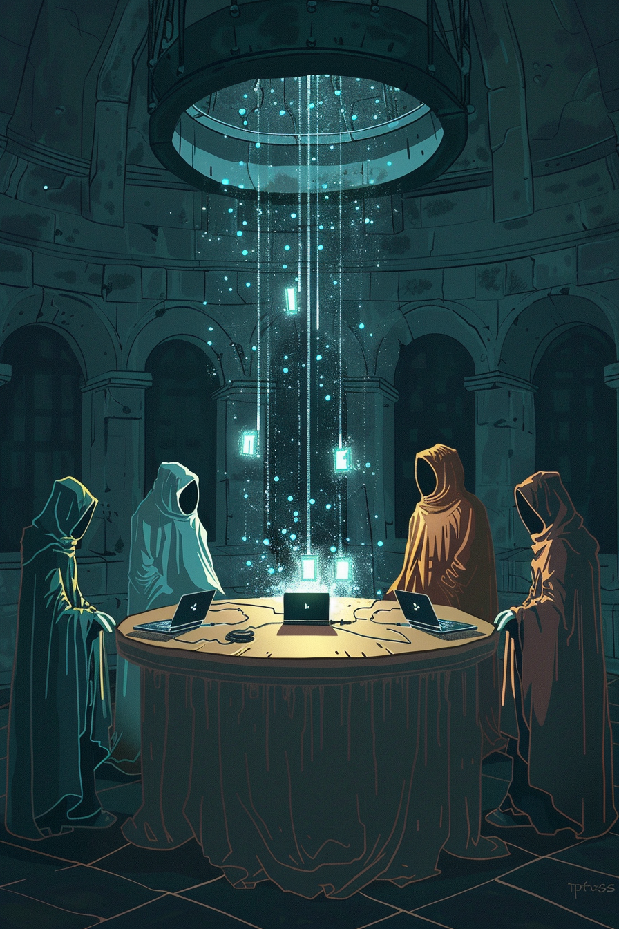 The Operations Team — four hooded watchkeepers around a circular workbench, a single open laptop glowing in the center, ascending sparks of Slack messages drifting upward through a circular skylight