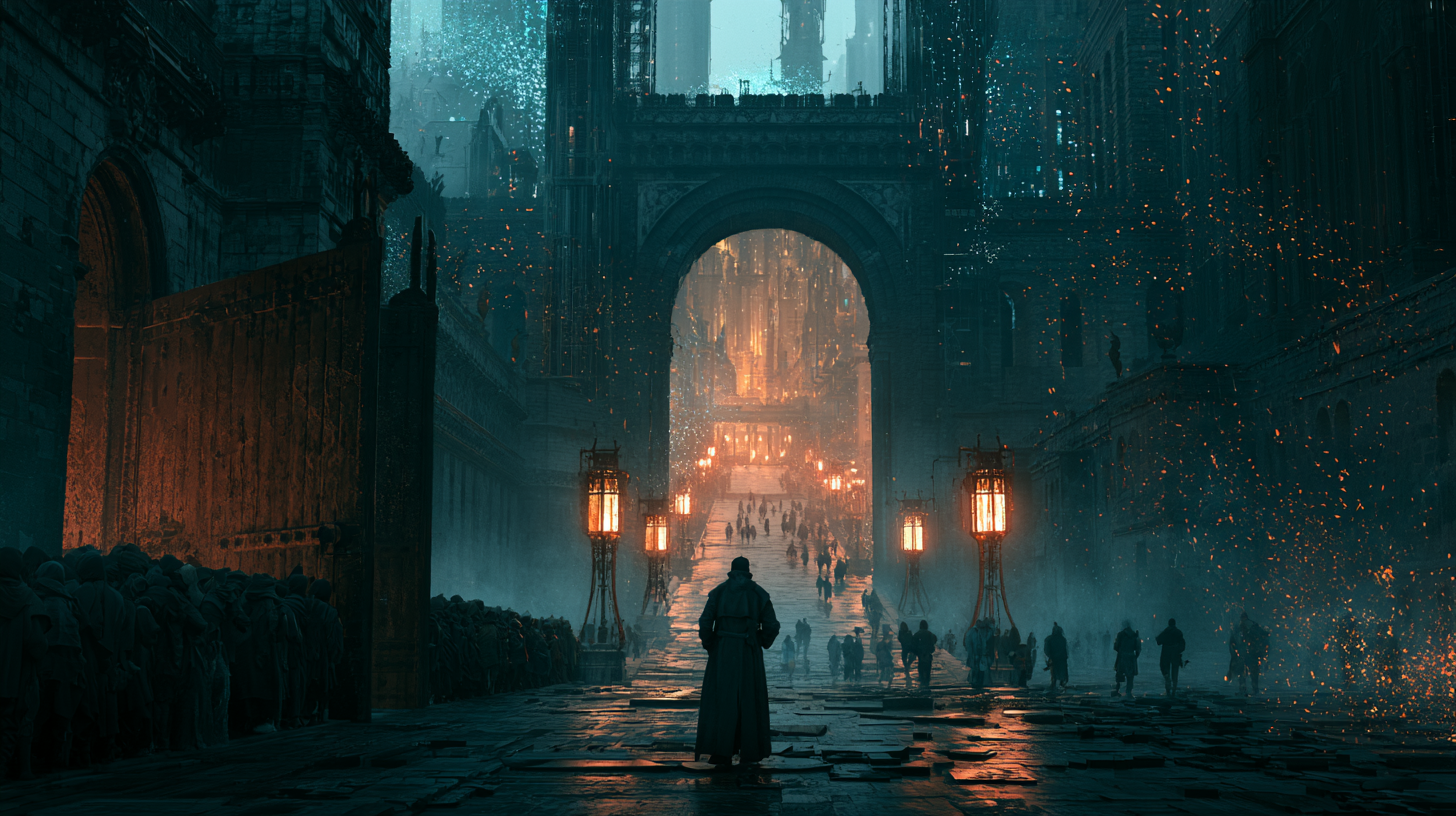A lone figure in a long coat stands in a dark stone courtyard at dusk; on the left a crowd of hooded travelers waits before a shut iron gate, while ahead a lantern-lit road runs freely through a great arch into a glowing city