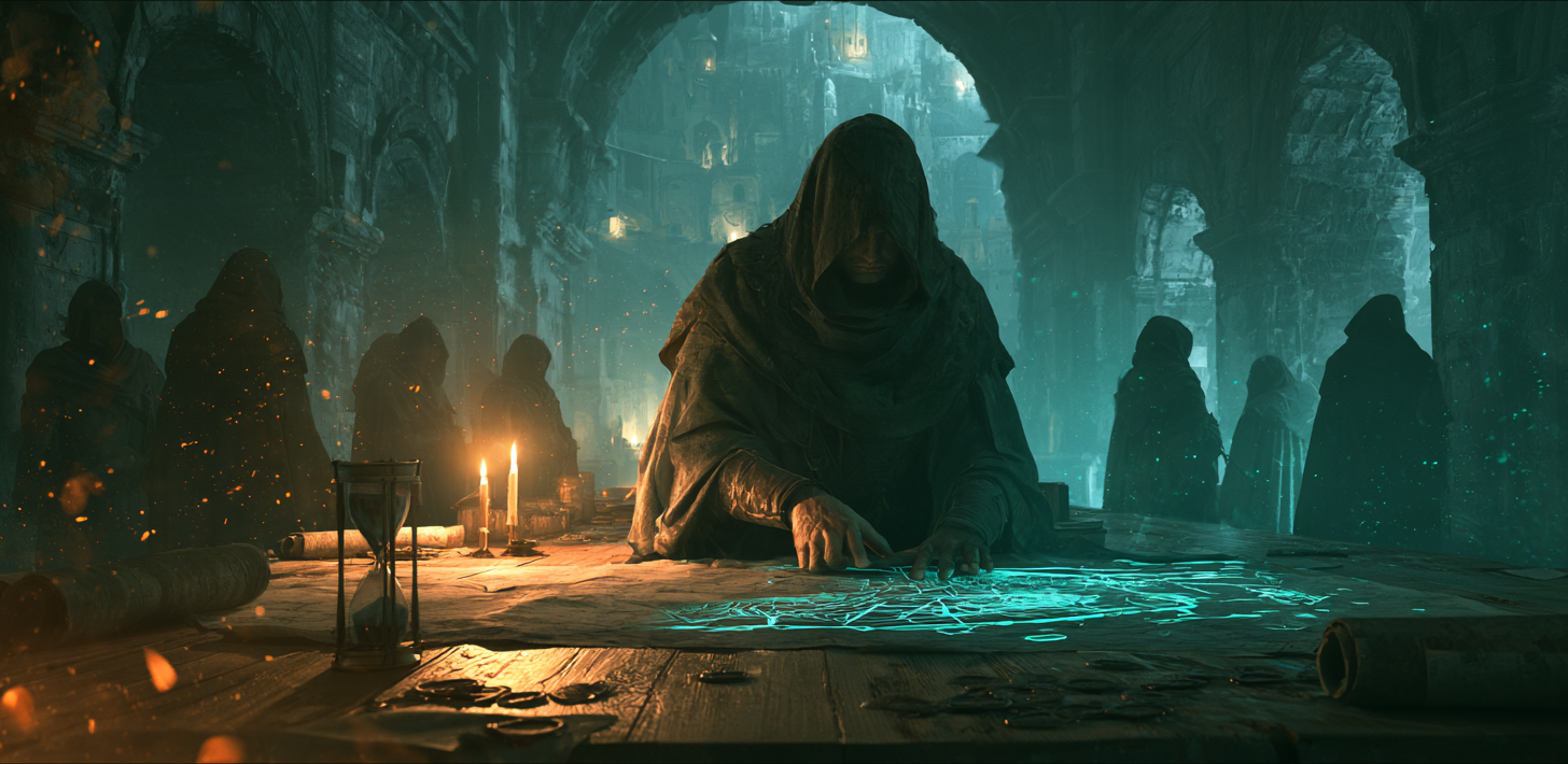 A hooded strategist leans over a large wooden table in a vaulted stone chamber, hands on an unfinished map with glowing cyan lines, an hourglass and candles beside him, while other cloaked figures wait in the shadows of the arches