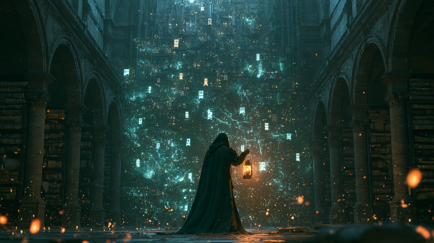 A hooded figure holds up a lantern in a vast stone archive, facing a towering glowing city of countless lights and small banners, with shelves of ledgers lining the arches on both sides